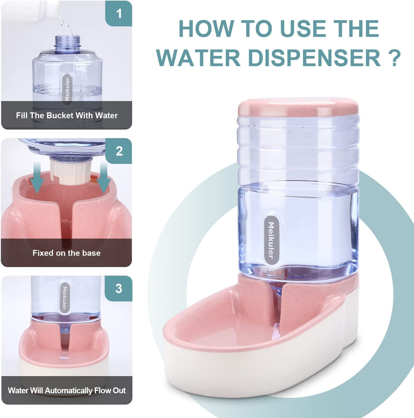 Automatic Dog Cat Feeder and Water Dispenser Set,Waterer and Gravity Food Feeder for Small & Medium Dogs Cats Puppies,Large Capacity 1 Gallon X 2(Pink)